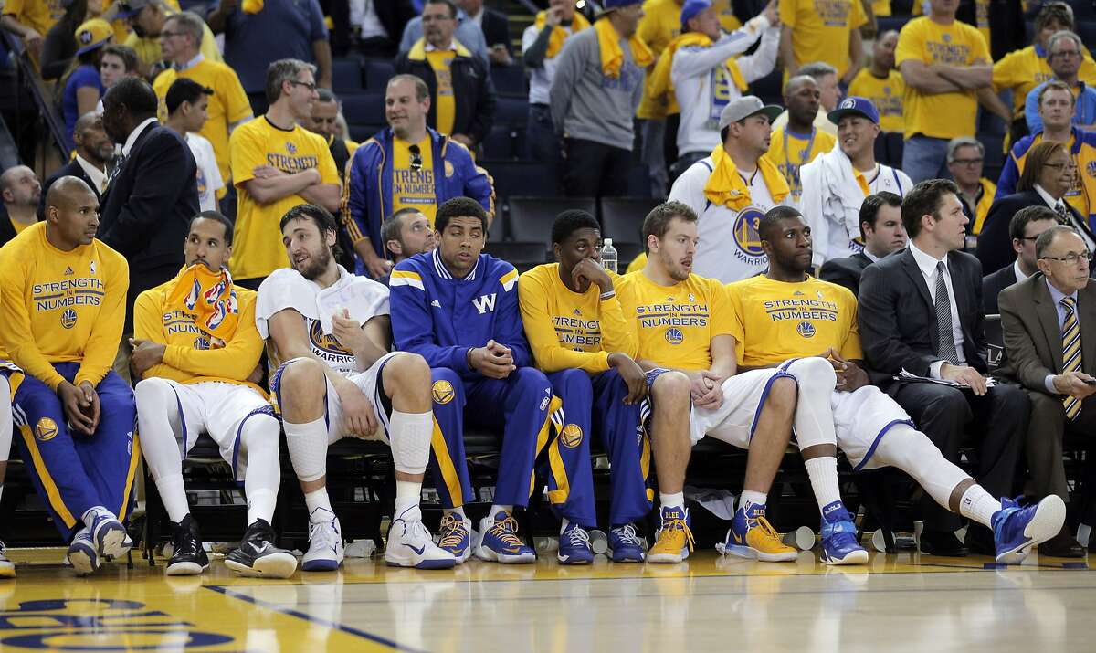 The Warriors bench as the team trailed during the second half. The Golden State Warriors played the Memphis Grizzlies at Oracle Arena in Oakland, Calif., in Game 2 of the Western Conference Semifinals on Tuesday, May 5, 2015.