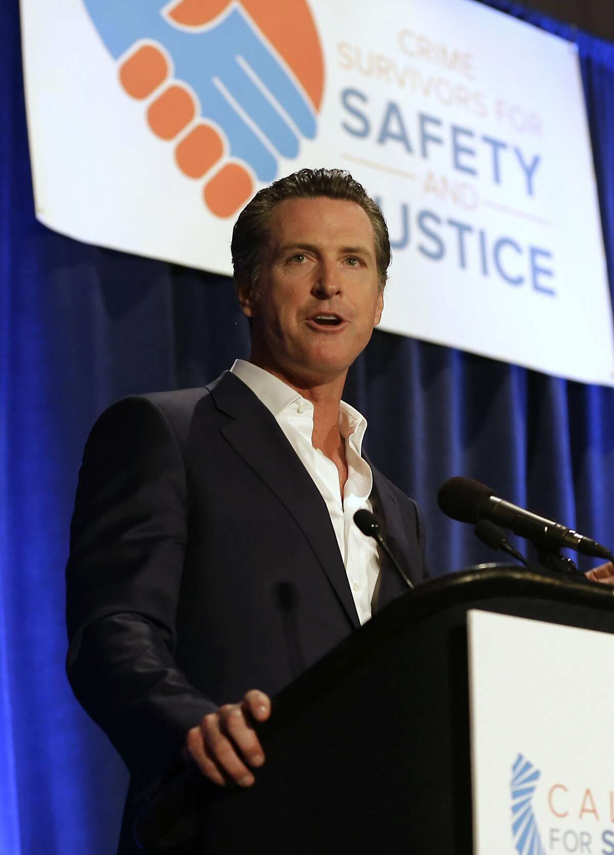 In this photo taken Monday, April 20, 2015, Lt. Gavin Newsom speaks at the Californians for Safety and Justice conference in Sacramento, Calif. Newsom and former state Sen. Sam Blakeslee, R-San Luis Obispo, have teamed up with computer scientists at Cal Poly San Luis Obispo on a web-based video search engine that they hope will democratize government by using the latest in voice- and face-recognition software to allow people to see, hear and read what their representatives are doing in the state capital. (AP Photo/Rich Pedroncelli)
