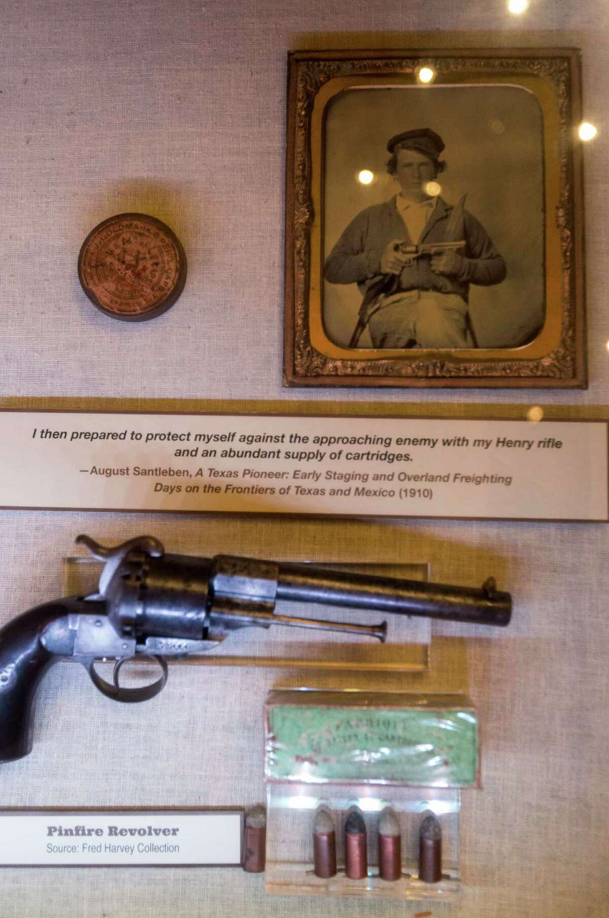 A Pinfire Revolver lays on display in the "Firearms of the Texas Frontier" exhibit at the Alamo in San Antonio, TX on Wednesday, January 28, 2014. The exhibit looks at the evolution of firearms in the 40 years following the 1836 Battle of the Alamo.