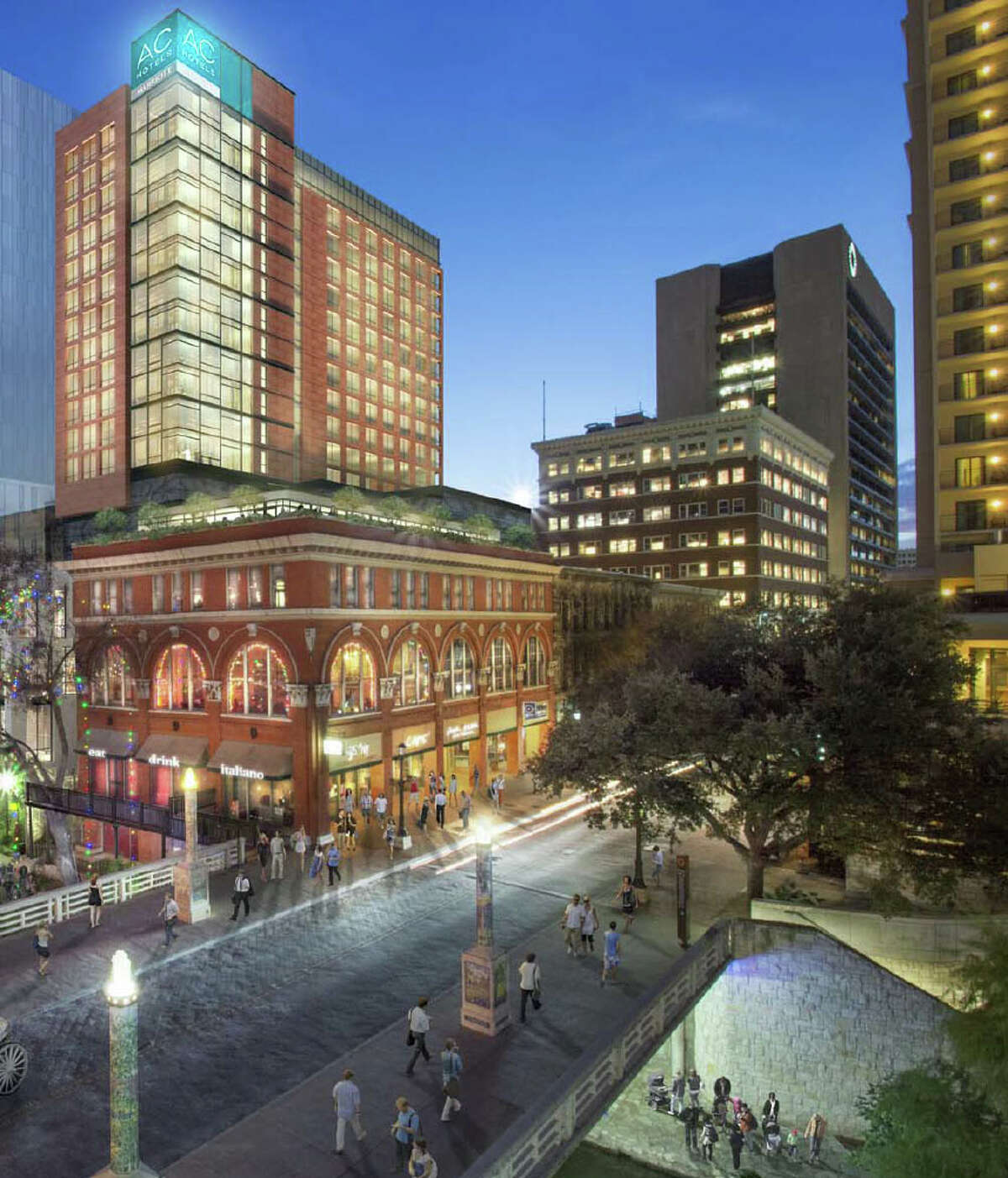 A 252-room AC Hotel by Marriott is being introduced for much of the River Walk block between Houston and Commerce streets. A handful of buildings, including the former Solo Serve department store, would be razed or partially demolished to make room for the new development.