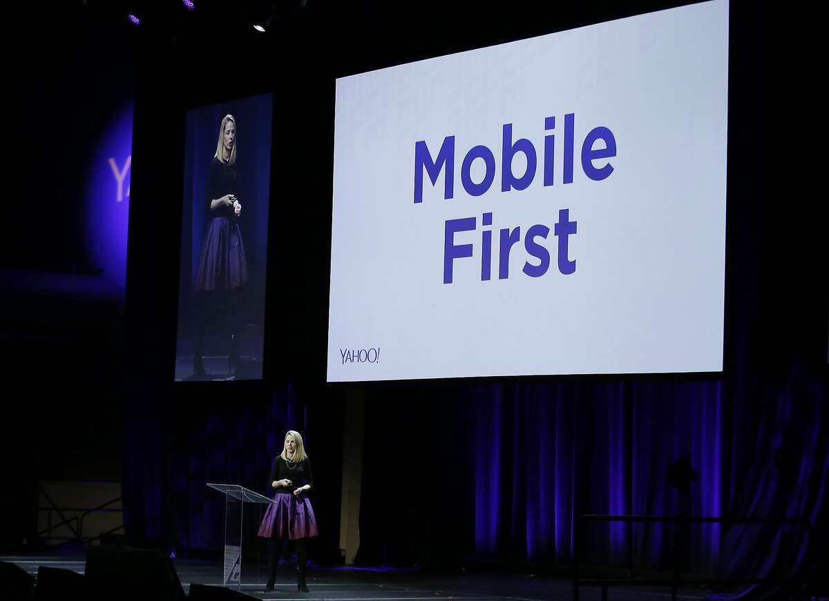 Yahoo President and CEO Marissa Mayer delivers the keynote address at the first-ever Yahoo Mobile Developer Conference Thursday, Feb. 19, 2015, in San Francisco. (AP Photo/Eric Risberg)