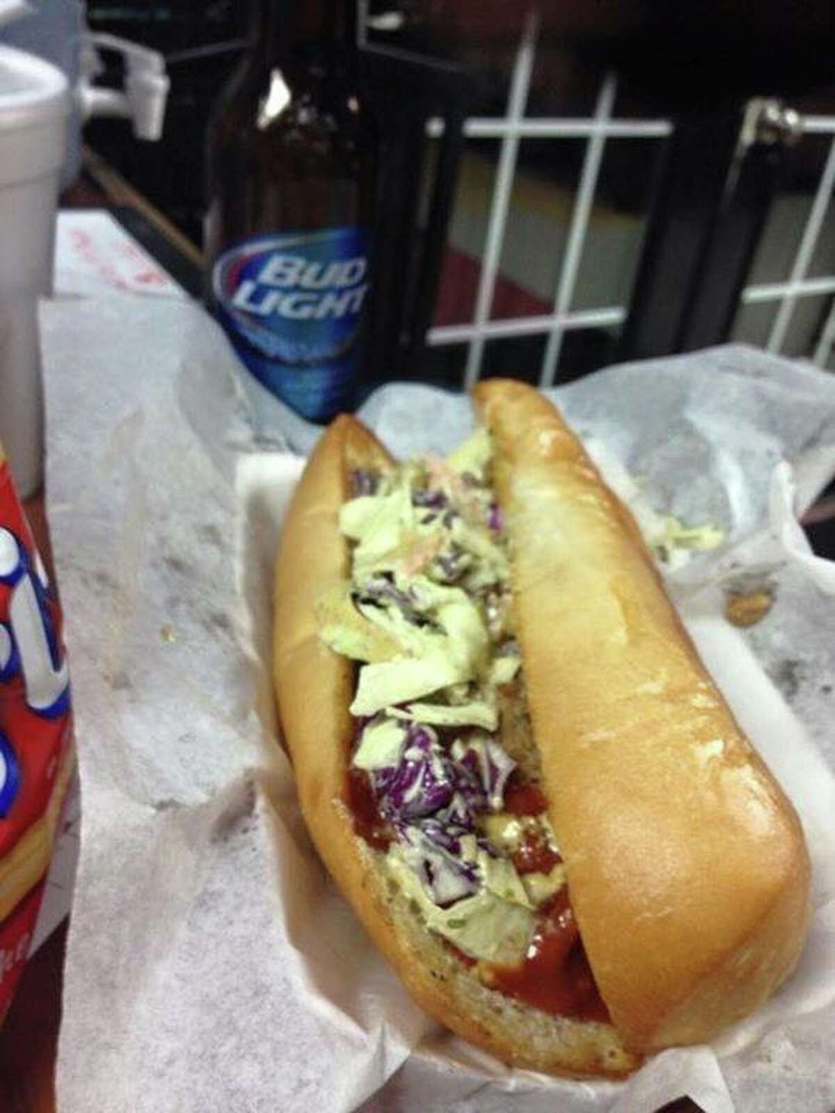 The Big Bad Wolf, a jumbo hot dog stuffed with pulled pork, from Senor Pinky's, located at 1506 Blanco Rd.