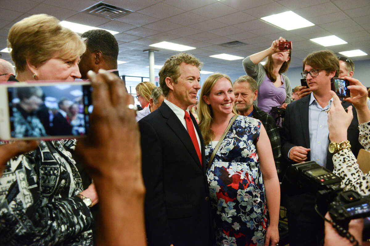 Kentucky Sen. Rand Paul visits with supporters during an event in Grand Rapids, Mich., this week. He will be in San Francisco on Saturday for a tech gathering and to open a campaign office.
