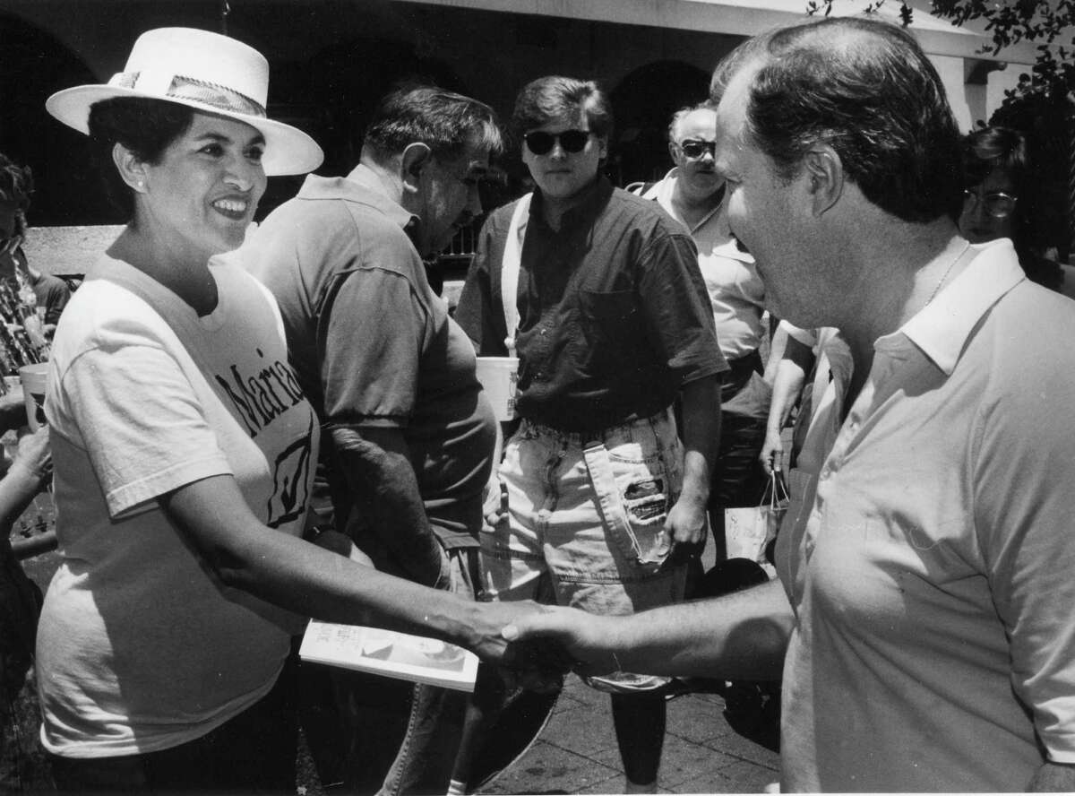 'Maria' campaigns for mayor at Market Square during the Chili Queens Festival, 1991.
