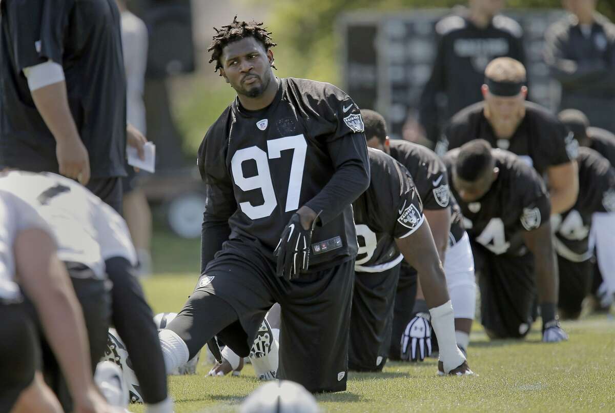Defensive end Mario Edwards Jr., (97) warming up during rookie camp at the Oakland Raiders headquarters in Alameda, Calif., on Fri. May 8, 2015.