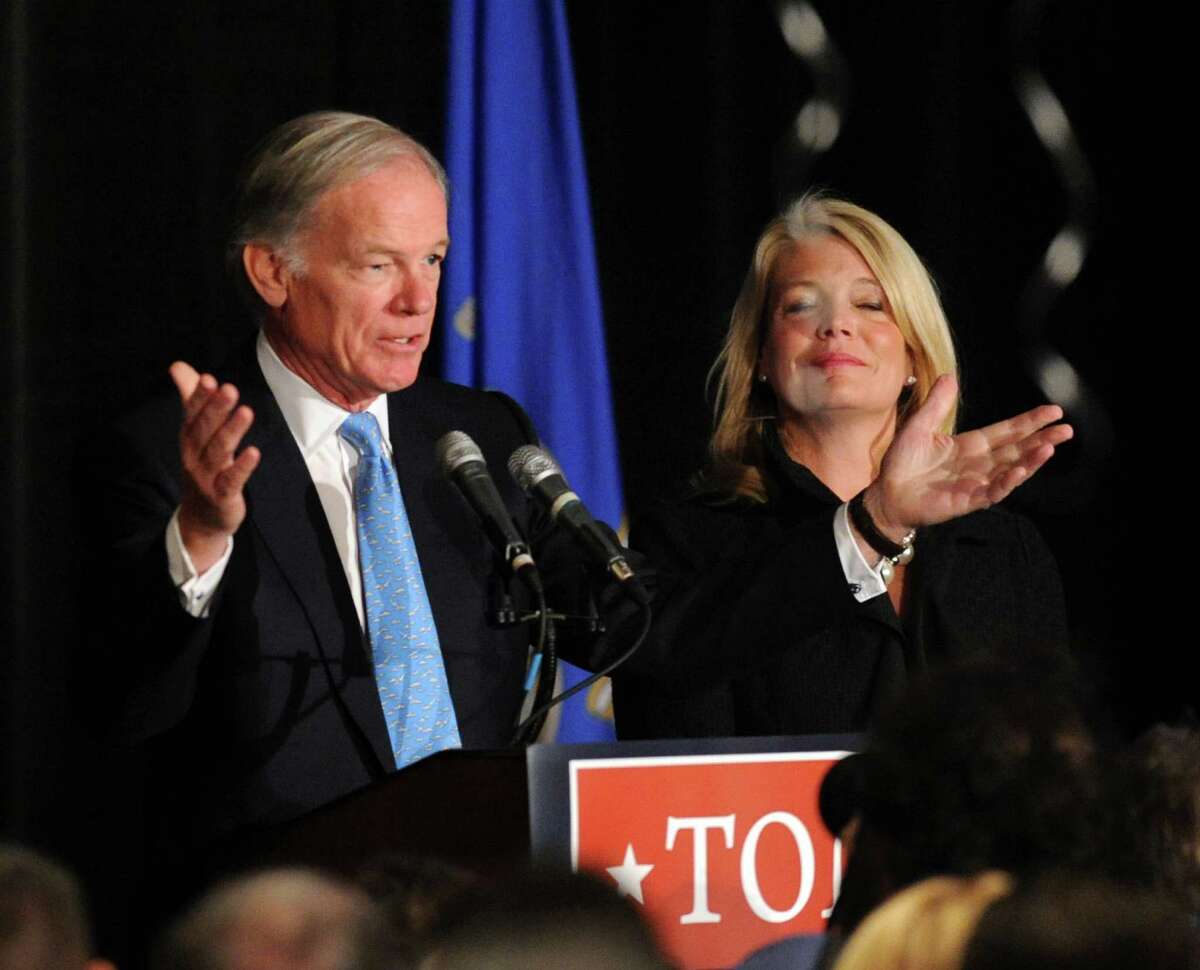 Republican candidate for Governor, Tom Foley, left, and his running mate and candidate for Lt. Governor, Heather Bond Somers, during election night at the Hyatt Regency Greenwich, Conn., Wednesday morning, Nov. 5, 2014.