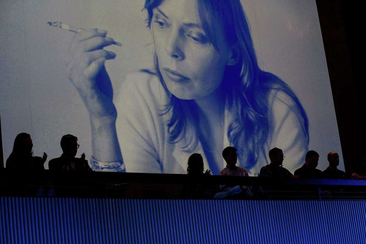Photos of Joni Mitchell were displayed on a big screen behind the stage during the nights' performances at the SFJazz gala in San Francisco, Calif., May 8, 2015.