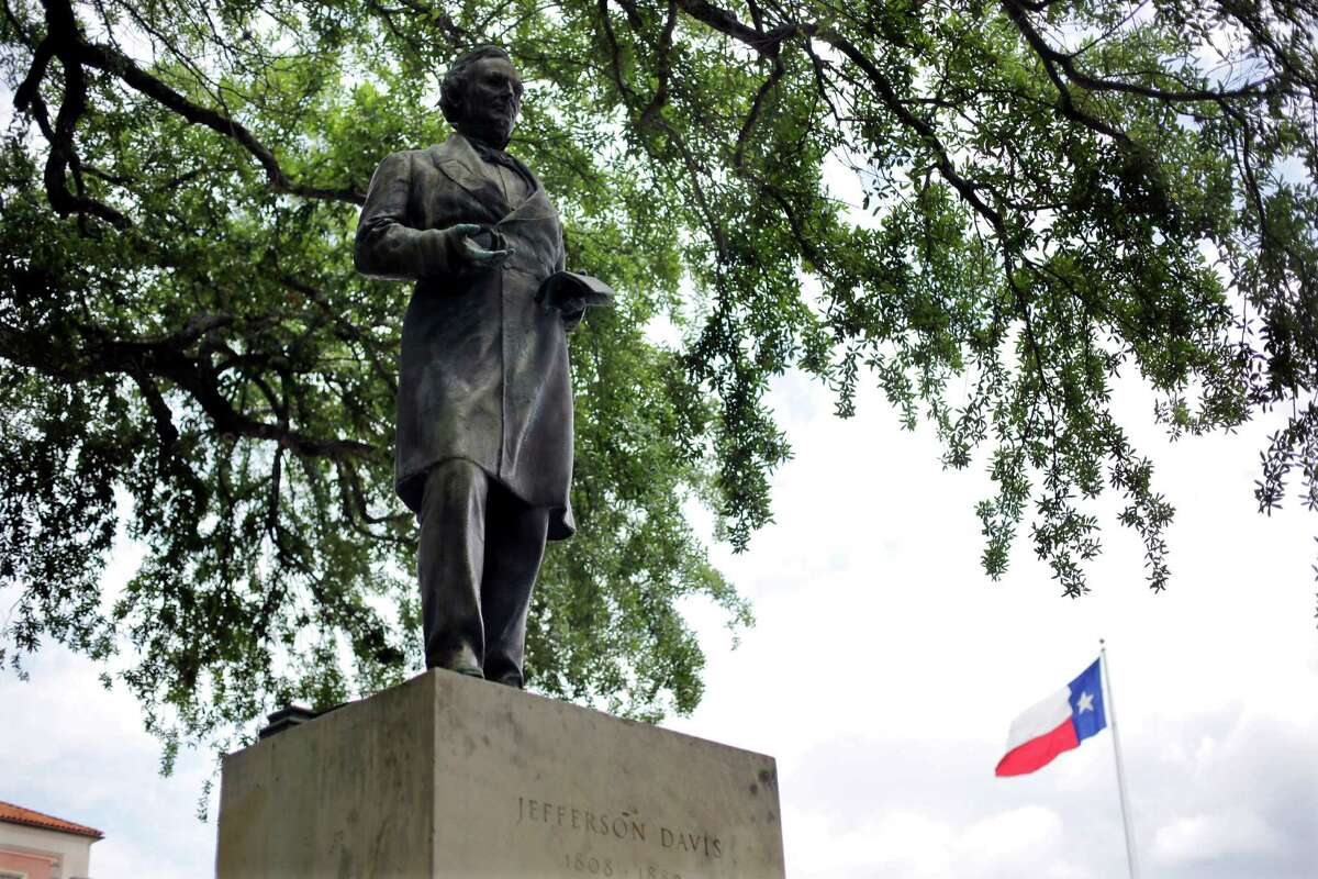 A statue of Jefferson Davis is seen on the University of Texas campus, Tuesday, May 5, 2015, in Austin, Texas. As University of Texas administrators consider a request to remove a statue that symbolizes the Confederacy, the number of memorials in Texas honoring the Confederate cause and its leaders continues to grow. (AP Photo/Eric Gay)