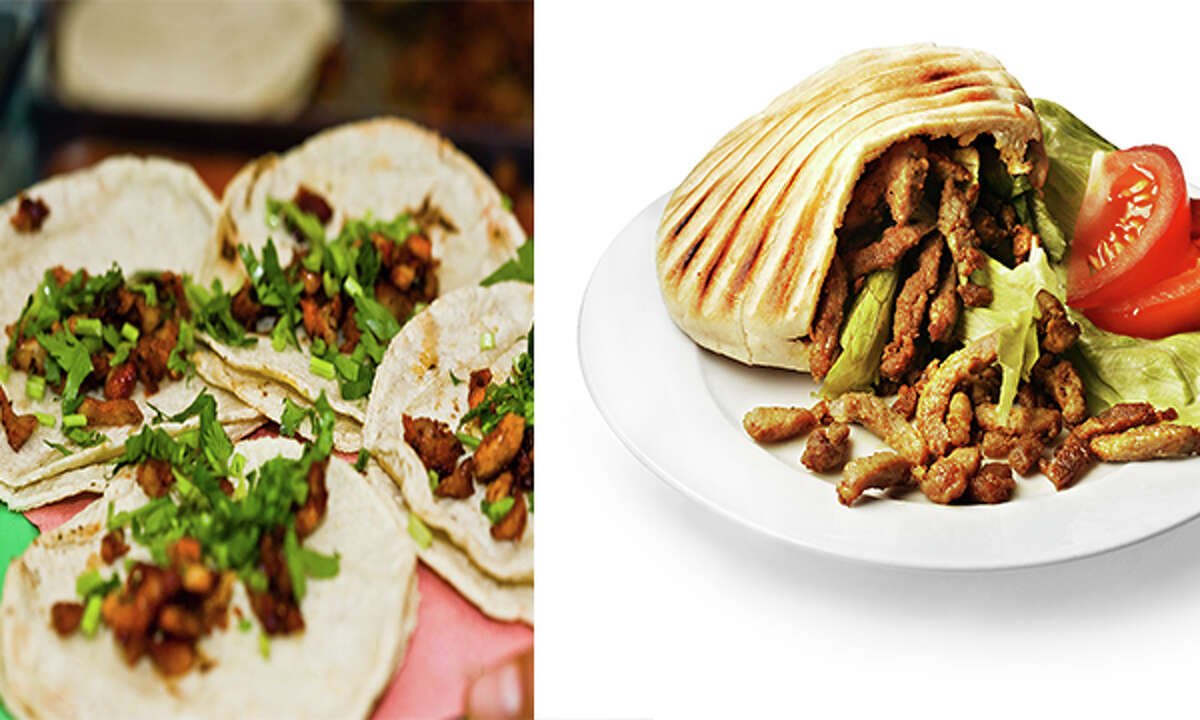 Tacos al pastor, left, and schawarma are distant food cousins. Click through to see the similarities between these Mexican and Middle Eastern street foods.