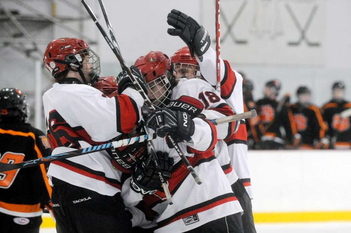 The Cardinals react to Jonathan Darula's first period goal as Greenwich High School hosts Ridgefield High in a boys hockey during the first round of the the Division I Boys Hockey Playoffs.