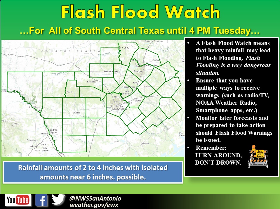 Flash flood watch issued for South Central Texas through Tuesday