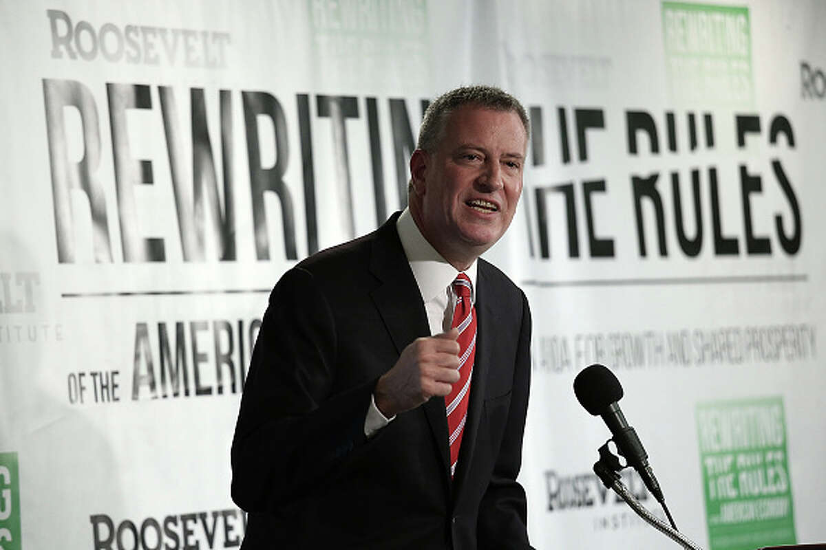 WASHINGTON, DC - MAY 12: New York City Mayor Bill de Blasio speaks about the release of a new report authored by Nobel-prize winning economist Joseph Stiglitz published by the Roosevelt Institute May 12, 2015 in Washington, DC. The report, titled "A New Economic Agenda for Growth and Shared Prosperity," discusses the current distribution of wealth in the U.S. and offers proposals for modifying that distribution.