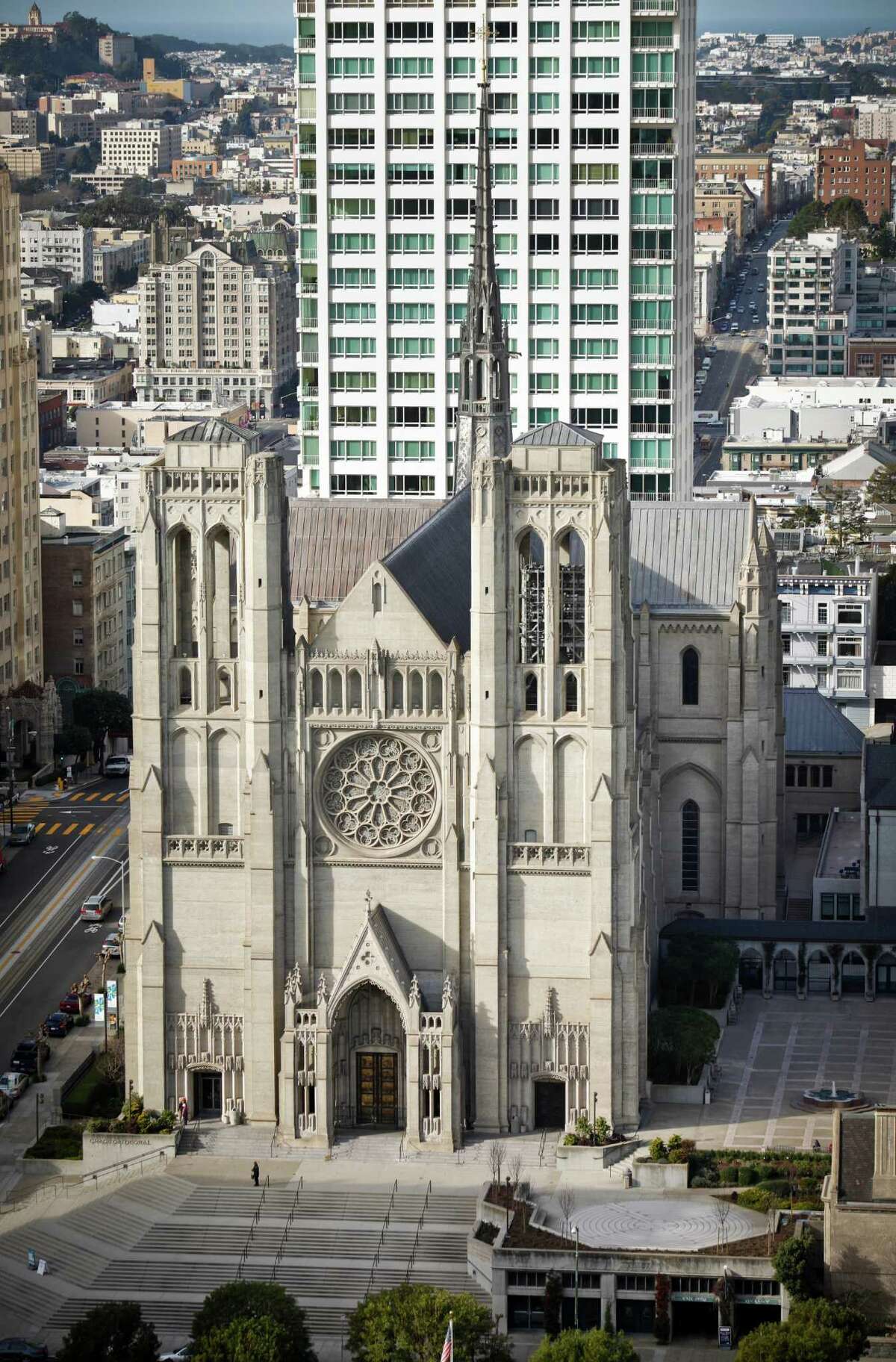 Grace Cathedral is seen from the Fairmont Hotel on Tuesday, Jan. 29, 2013 in San Francisco, Calif.