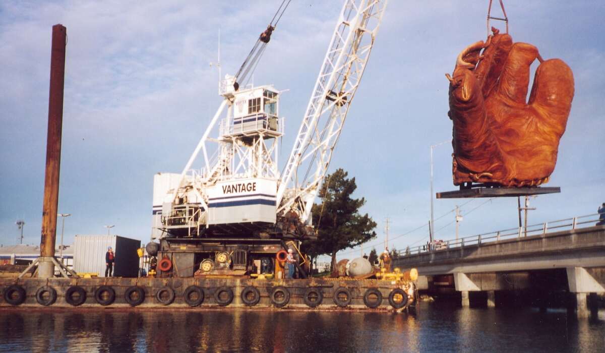 The giant four-fingered glove being dropped into place at AT&T Park before it opened in 2000.