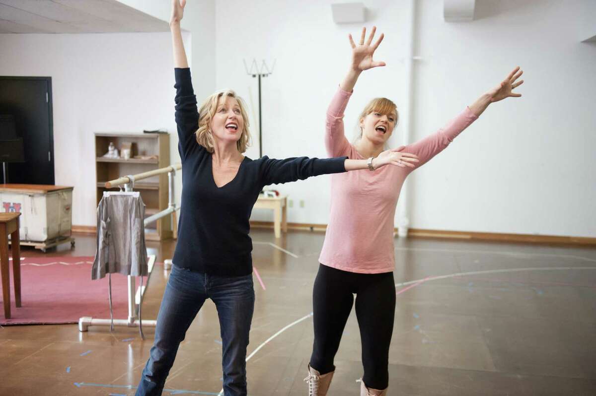 Anastasia Barzee (left) and Megan Sikora rehearse a scene from the Hartford Stage production of "Kiss Me Kate" running through June 14.