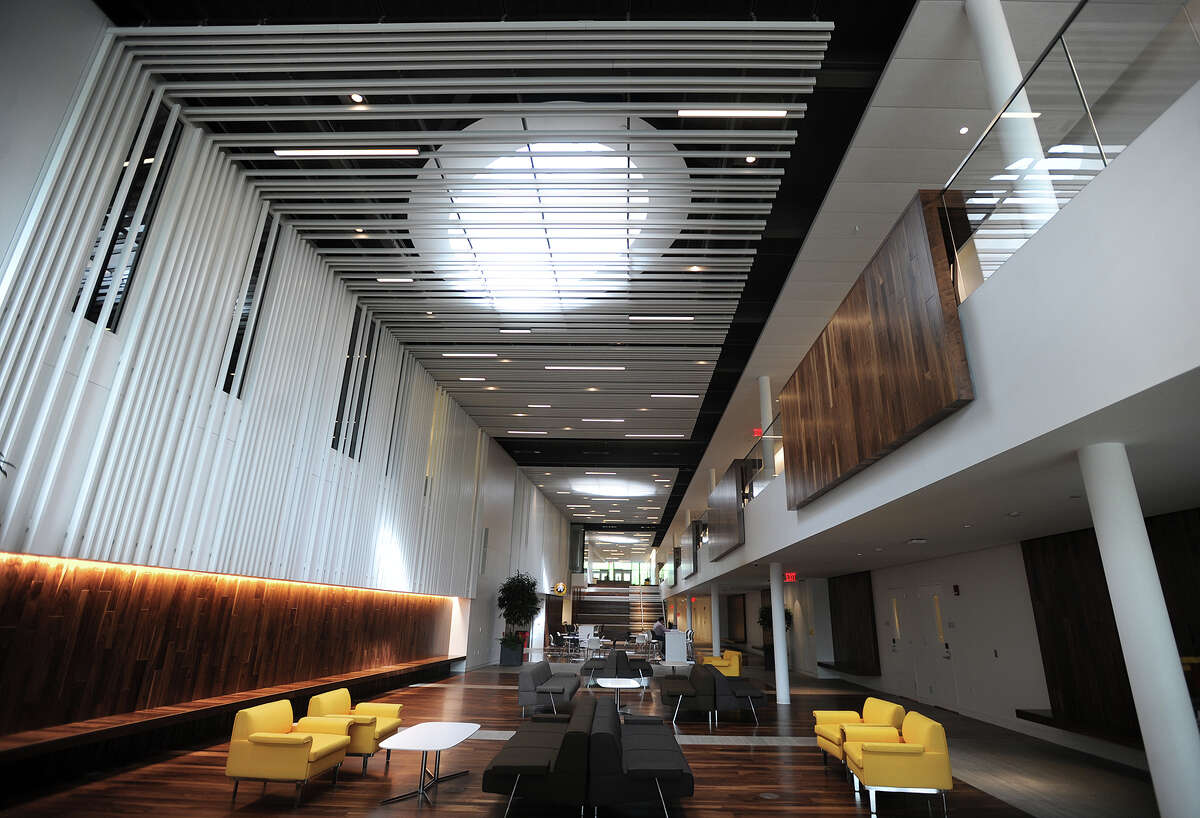A long central atrium runs the length of the new Frank and Marisa Martire Business & Communications Center, home of the Jack Welch College of Business at Sacred Heart University in Fairfield, Conn. on Wednesday, May 13, 2015.