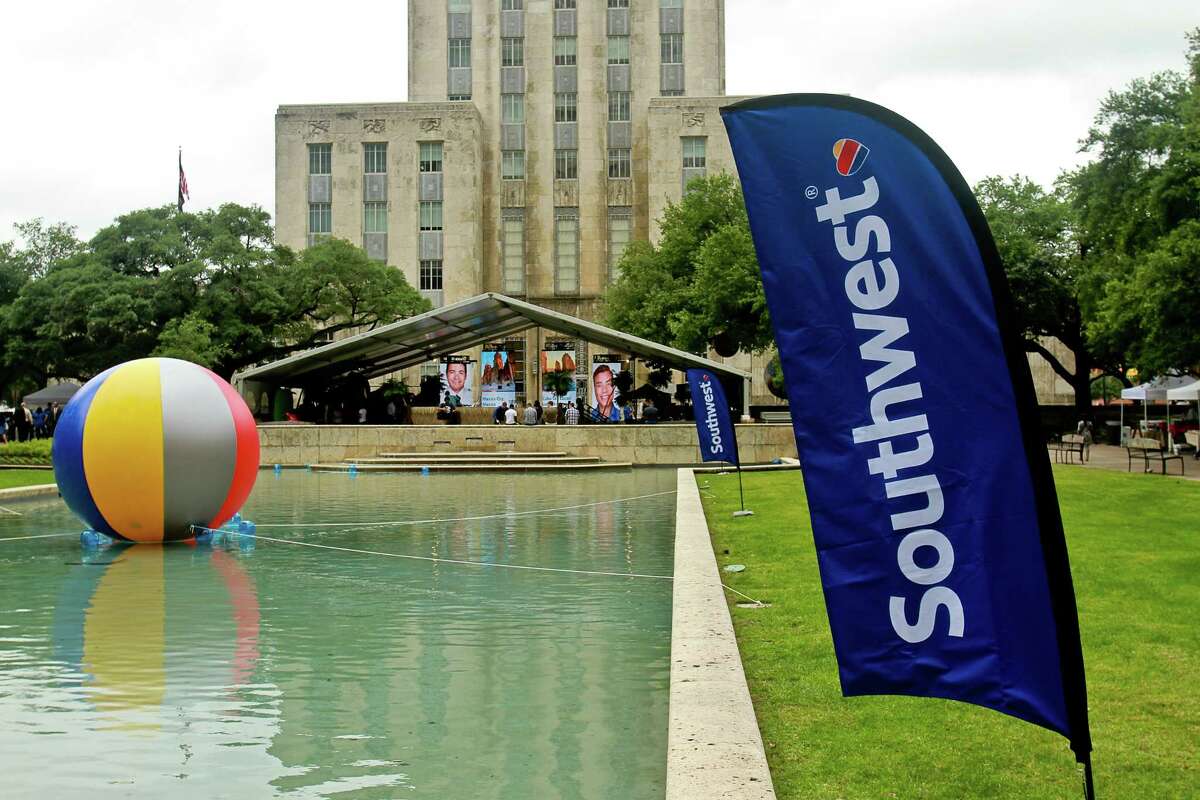 City Hall decorated for Southwest Airlines announcement of their new international routes from Houston. They celebrated with a beach bash. (For the Chronicle/Gary Fountain, May 13, 2015)