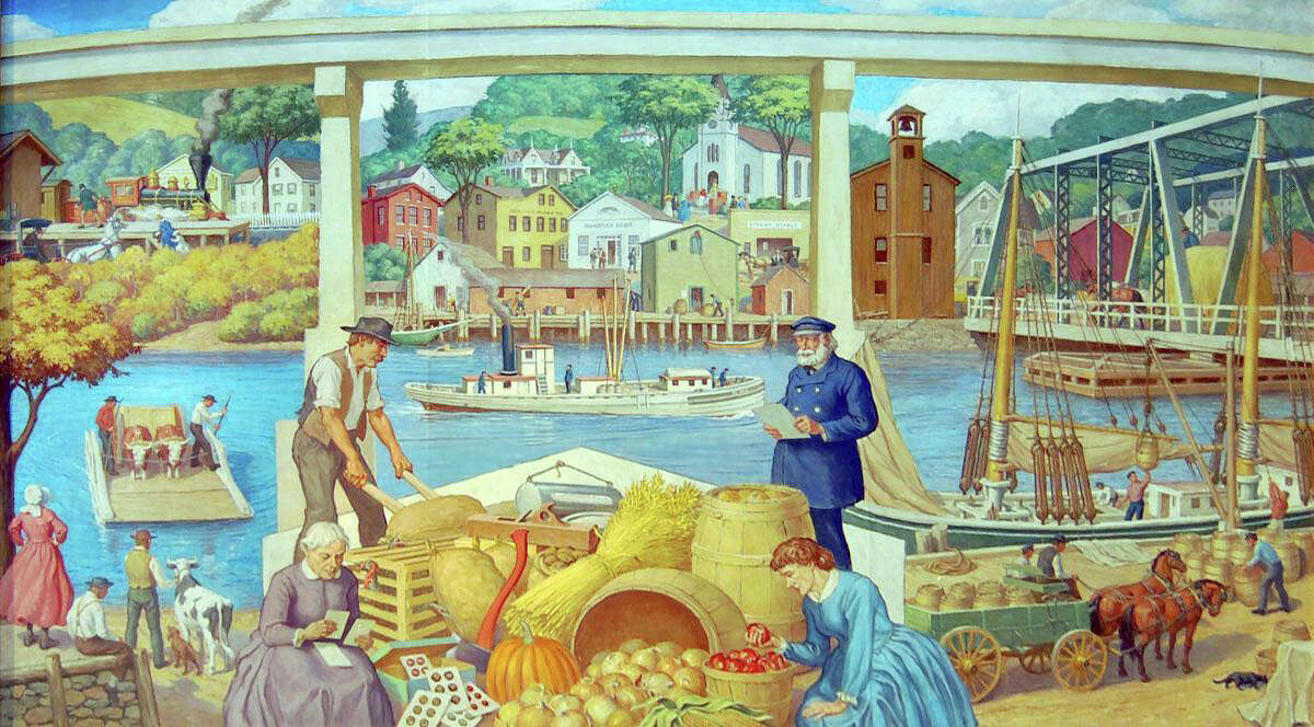 The mural was painted by the late Robert L. Lambdin, focusing on various aspects of Westport's history, for the-then Westport Bank & Trust Co. on Post Road East.
