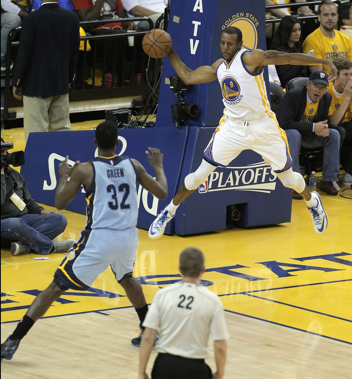 Andre Iguodala (9) saves the ball from going out of bounds In the first half. The Golden State Warriors played the Memphis Grizzlies in Game 5 of the Western Conference Semifinals at Oracle Arena in Oakland, Calif., on Wednesday, May 13, 2015.