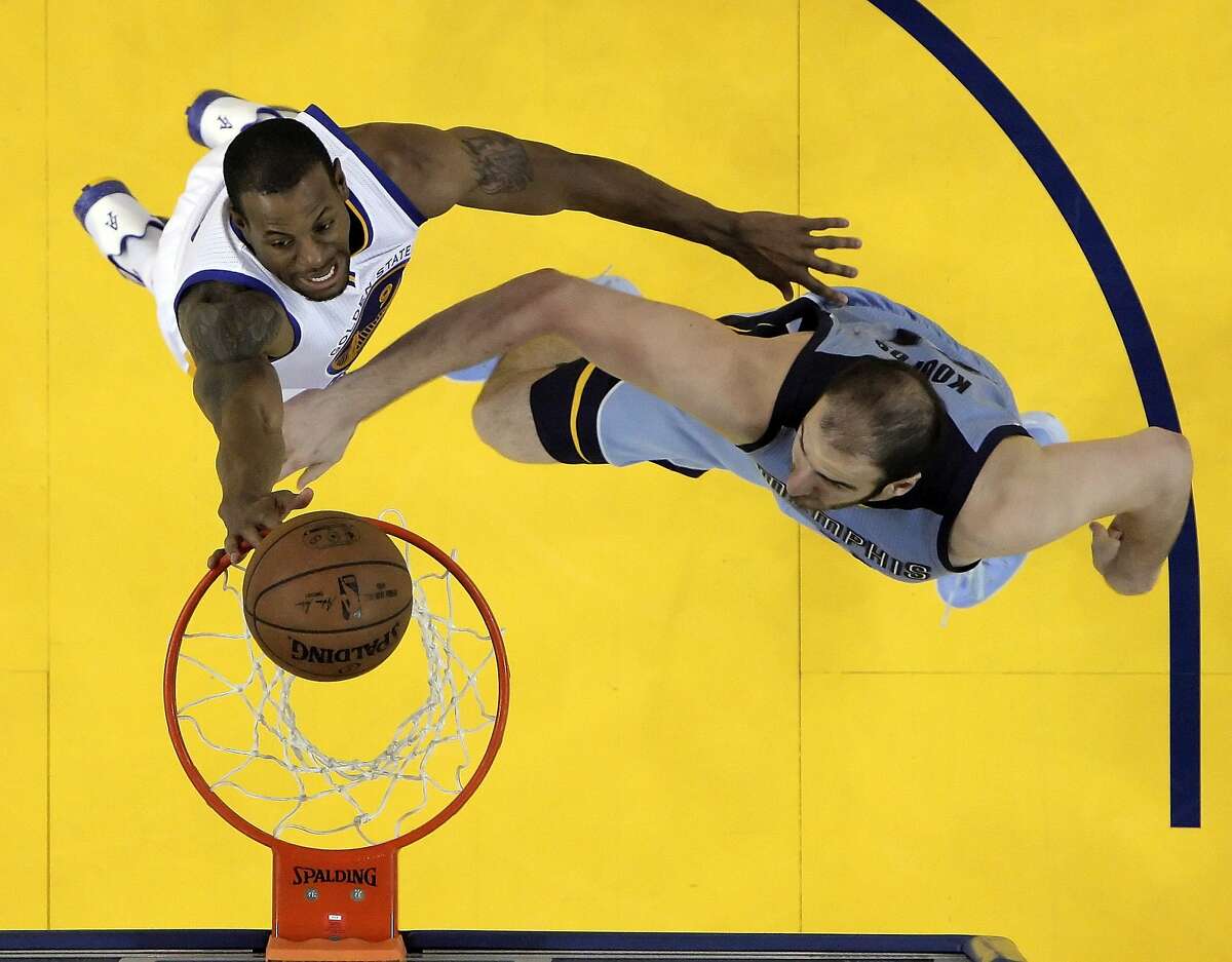 Andre Iguodala (9) shoots over Kosta Koufos (41) in the second half. The Golden State Warriors played the Memphis Grizzlies in Game 5 of the Western Conference Semifinals at Oracle Arena in Oakland, Calif., on Wednesday, May 13, 2015. The Warriors defeated the Grizzlies 98-78.