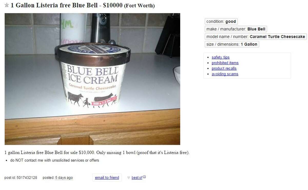 "1 gallon Listeria free Blue Bell for sale $10,000. Only missing 1 bowl (proof that it's Listeria free)."