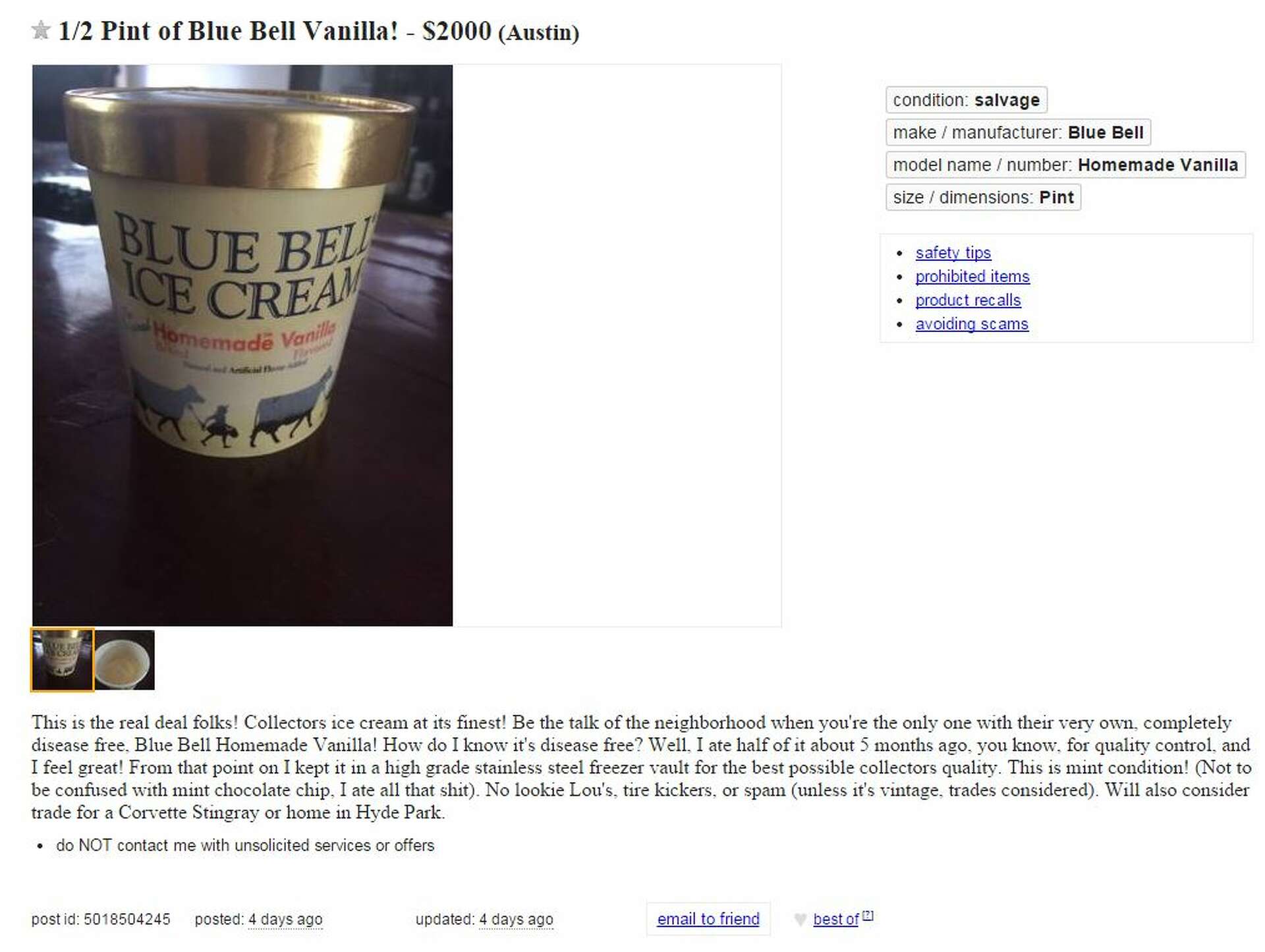 Texans are selling Blue Bell on Craigslist for thousands of dollars