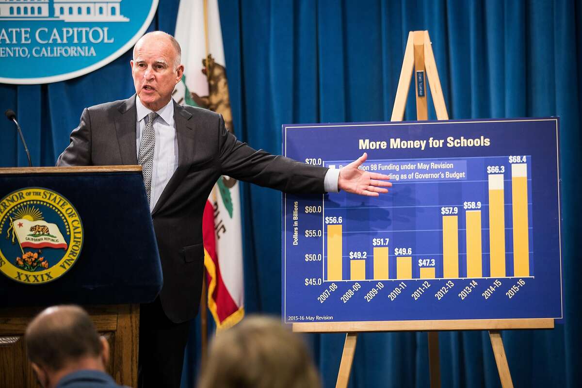 California Gov. Jerry Brown points to a graph as he announces his revised state budget at the State Capitol in Sacramento, California, May 14, 2015. Brown's budget revise includes increased funding for schools, the rainy day fund, and creates a new state earned income credit.