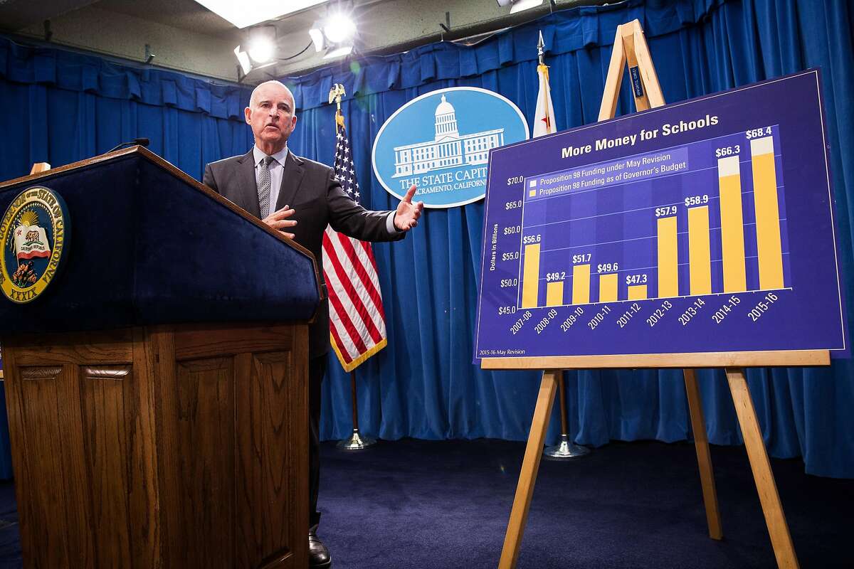 California Gov. Jerry Brown points to a graph as he announces his revised state budget at the State Capitol in Sacramento, California, May 14, 2015. Brown's budget revise includes increased funding for schools, the rainy day fund, and creates a new state earned income credit.