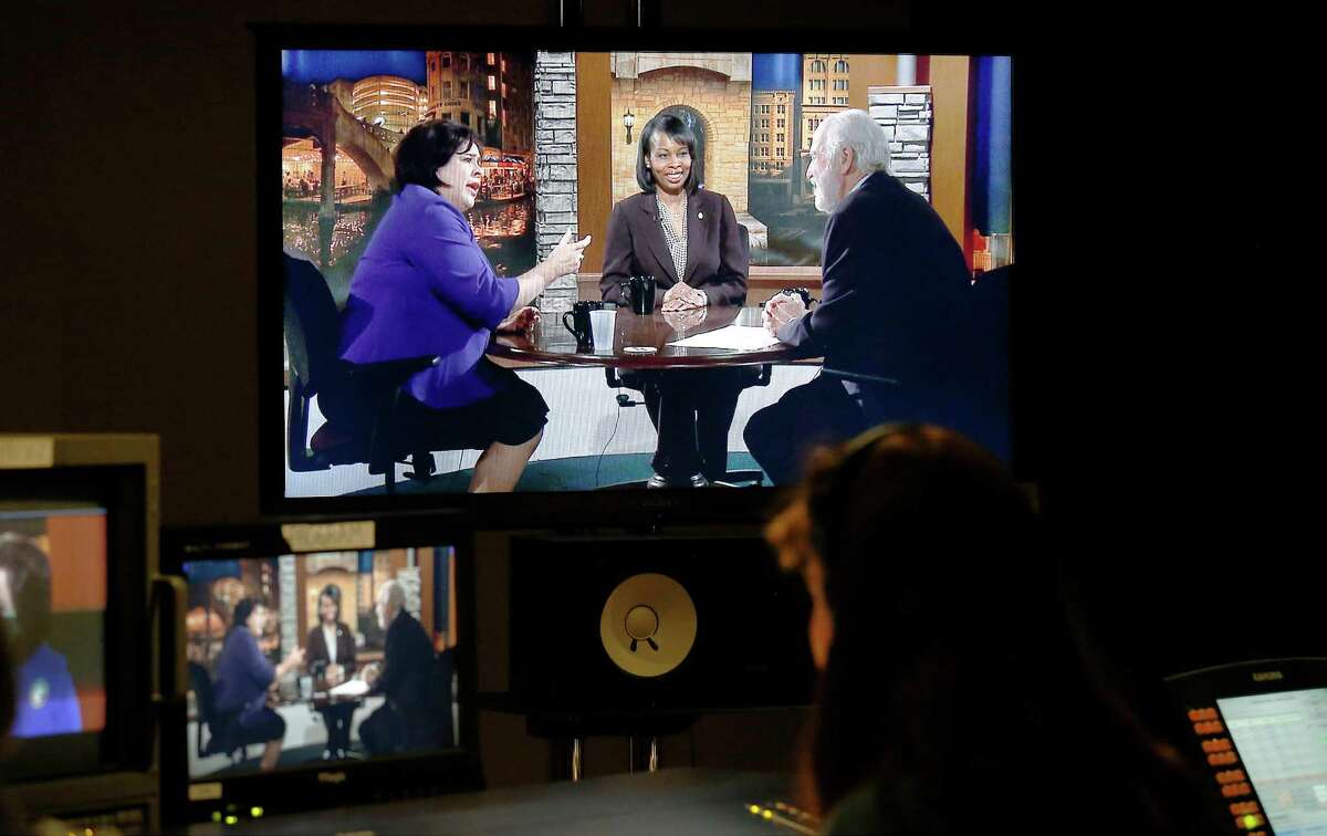 Mayoral candidate Leticia Van De Putte (left) is seen on a studio screen with interim Mayor Ivy Taylor in the first of five mayoral forums at KLRN studios on Thursday, May 14, 2015. Taylor mocked Van de Putte for her role in a 2003 quorum-busting exile in New Mexico, saying, “leaving the state when you don’t get your way doesn’t really demonstrate leadership.”