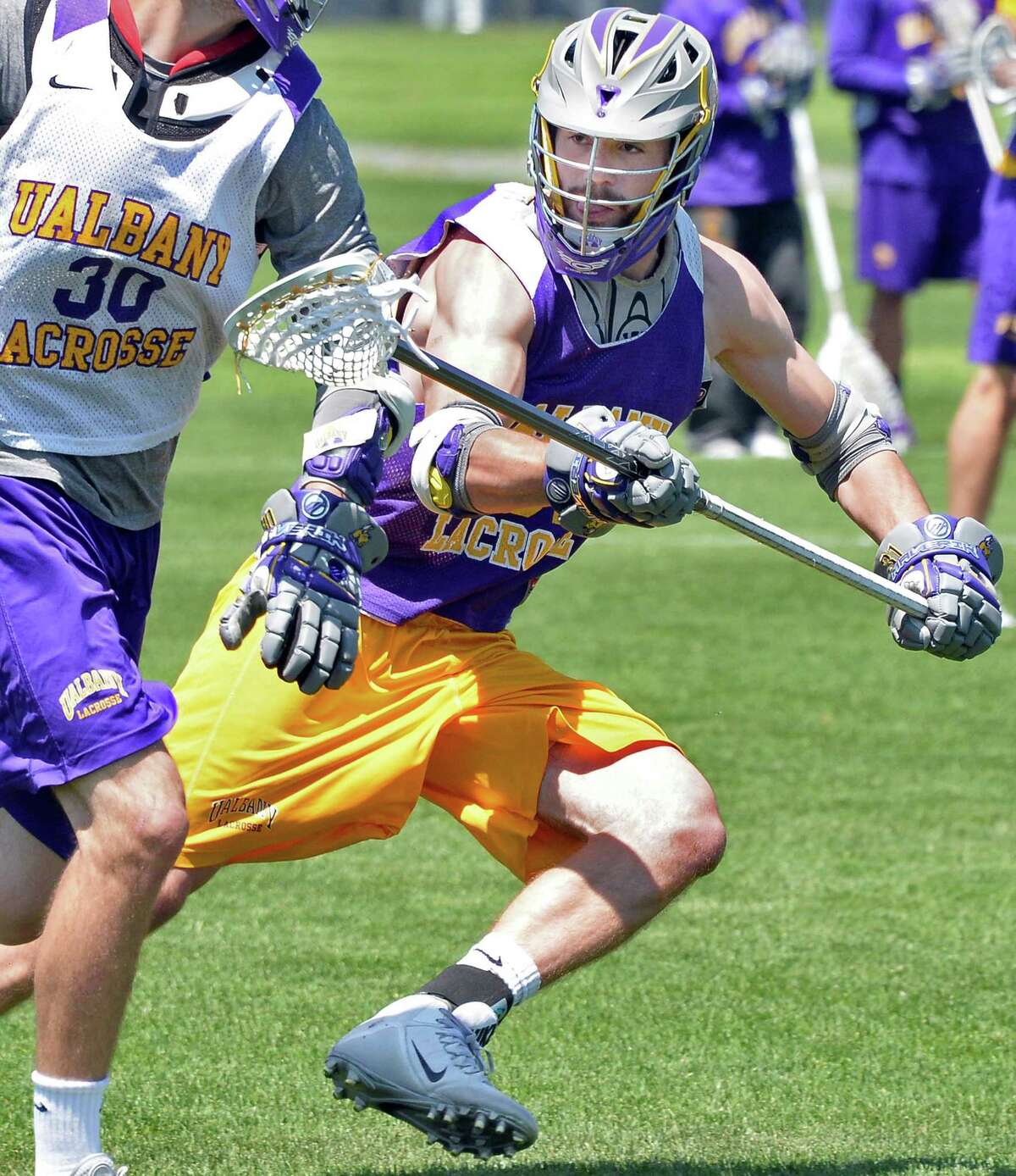UAlbany lacrosse senior defenseman Mike Russell (No. 31) of Burnt Hills during practice Thursday May 14, 2015 in Albany, NY. (John Carl D'Annibale / Times Union)