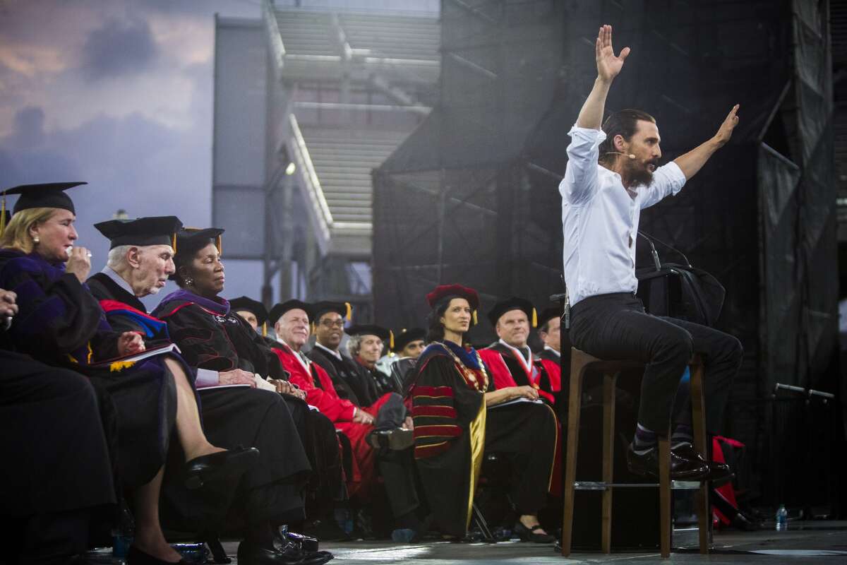 When Matthew McConaughey delivered a bizarre speech at the University of Houston in 2015 The bizarre nature of the speech was described in the Houston Chronicle's coverage: "He cited a voodoo shop in New Orleans when telling the crowd to define success for themselves and not let others define it for them. He referenced playing bongos in his 'birthday suit' to tell the crowd that 'an honest man's pillow is his peace of mind.' And he talked about a walkabout in Peru during which he stripped naked, vomited up all the bile in his belly and awoke the next morning feeling light and free." 