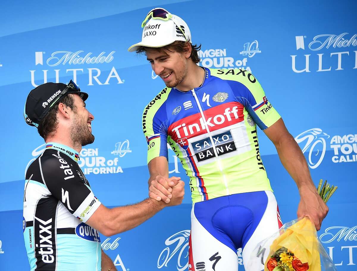 Defending champion Peter Sagan of Slovakia (center) and Mark Cavendish (left) will compete in the 2016 Amgen Tour of California in May.