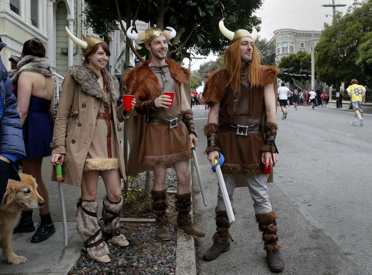 Viking like characters stood at the ready Sunday May 17, 2015. The zany Bay to Breakers event in the streets of San Francisco, Calif. combined thousands of runners and unique costumes into one big party.
