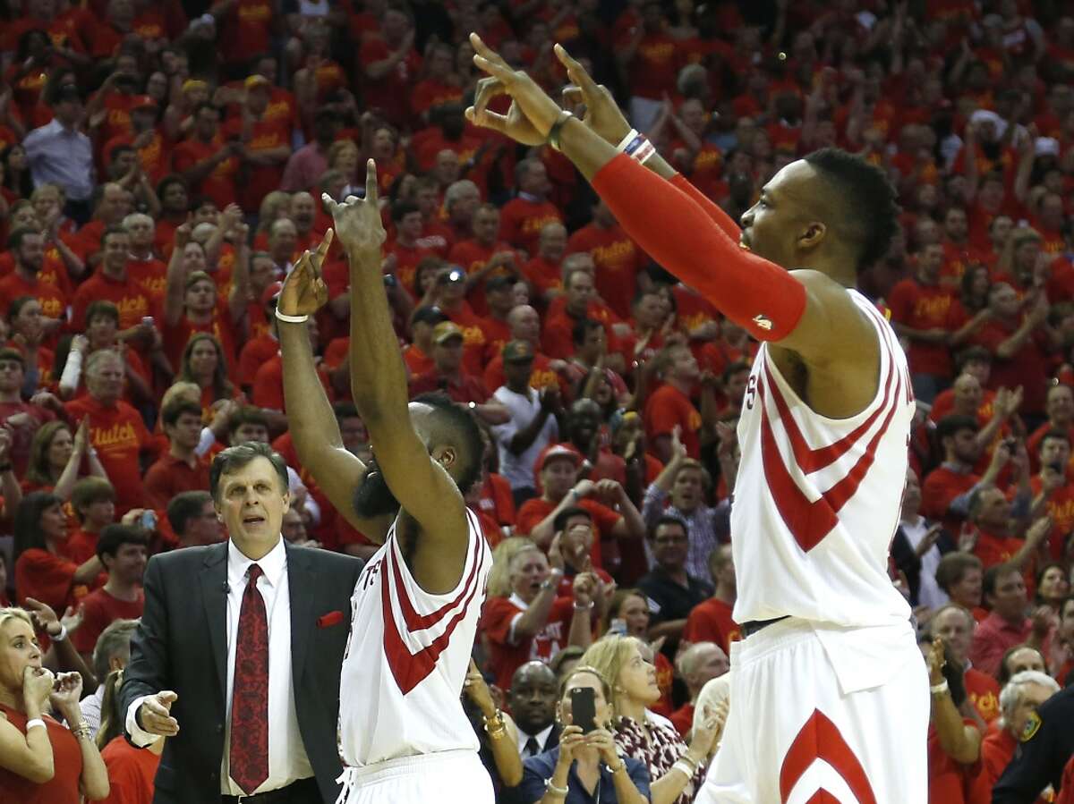 The last time the Rockets were in a Game 7, James Harden (center) and Dwight Howard celebrated a dominating win over the Clippers.