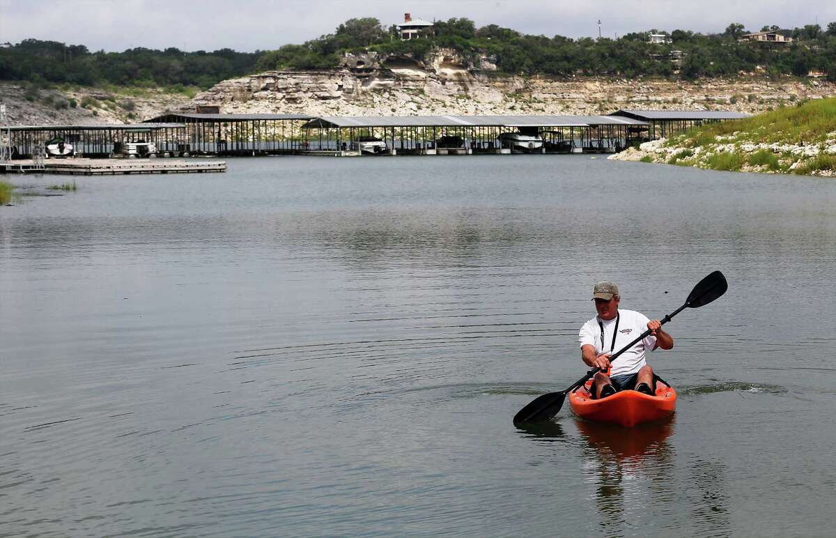 Drone photos show Diversion Lake near Medina Lake in Central Texas at