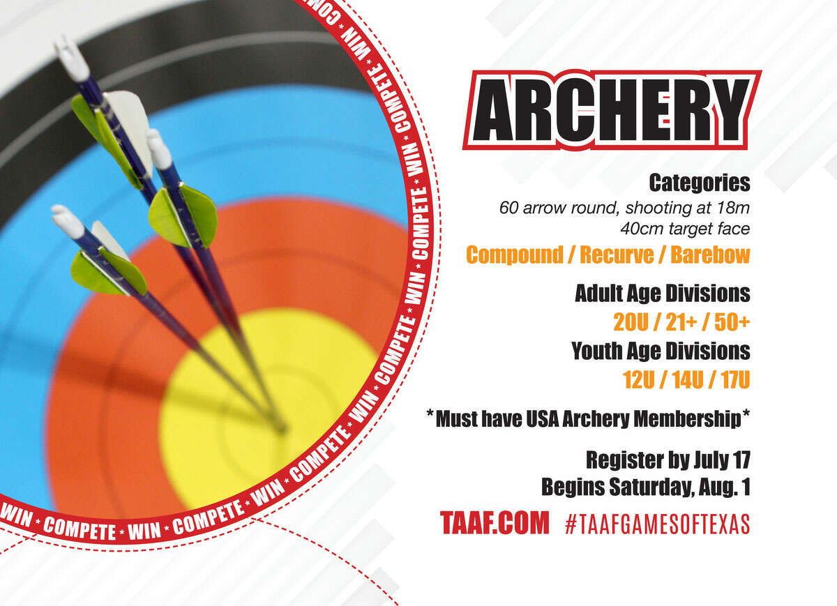 Archery will be held at Texas A&M University on Saturday, Aug. 1. Interested in competing? Visit www.taaf.com. USA Archery membership is required to compete. Free admission for spectators.