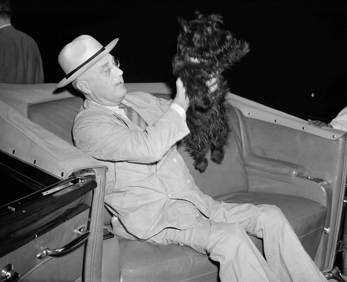 U.S. President Franklin D. Roosevelt lifts his dog Fala as he prepares to motor from his special train to the Yacht Potomac at New London, Conn., Aug. 3, 1941.