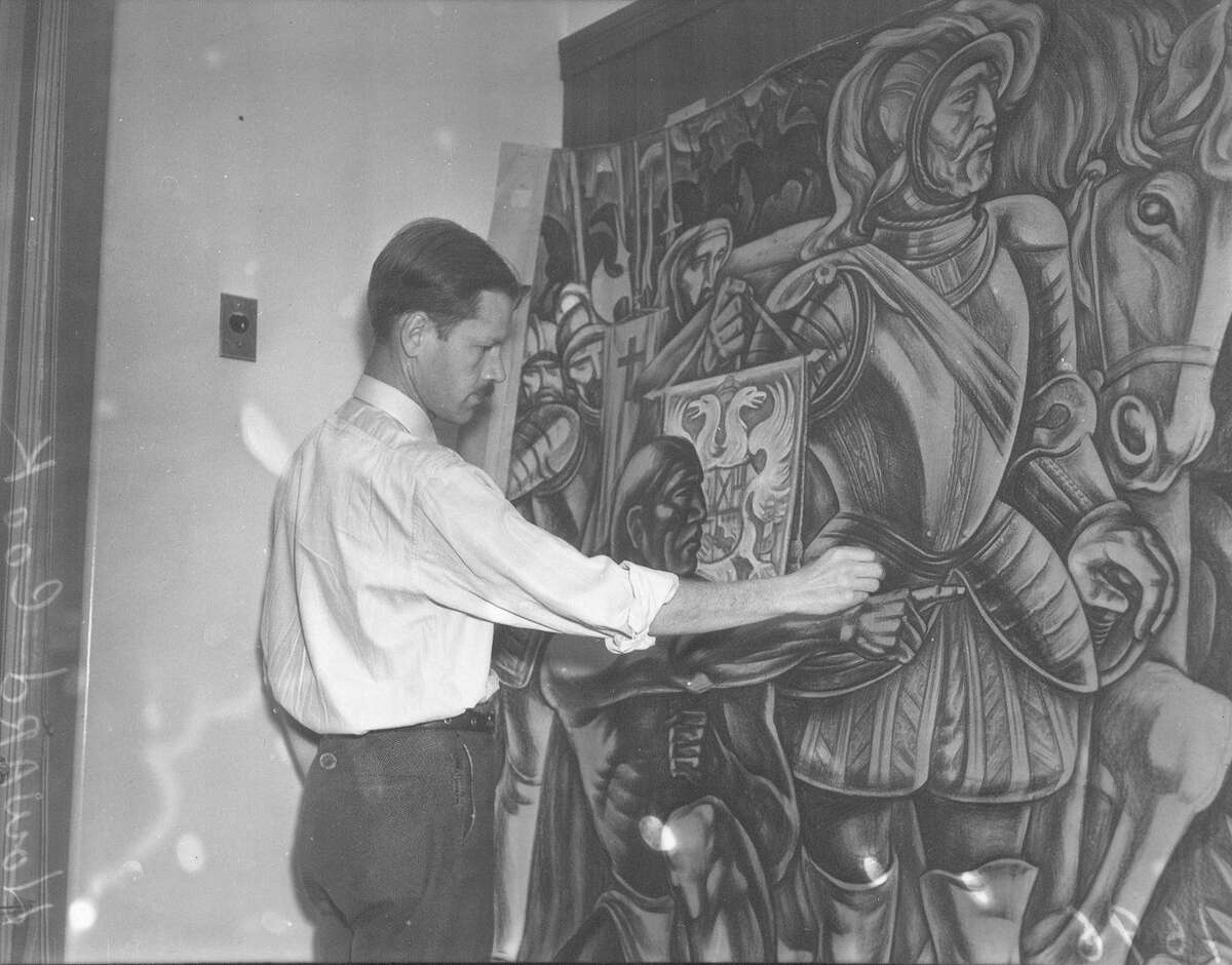 Howard Cook, New Mexico resident, works on preliminary sketches for a mural for the downtown San Antonio post office. This photo was published in the Light on Dec. 1, 1937.