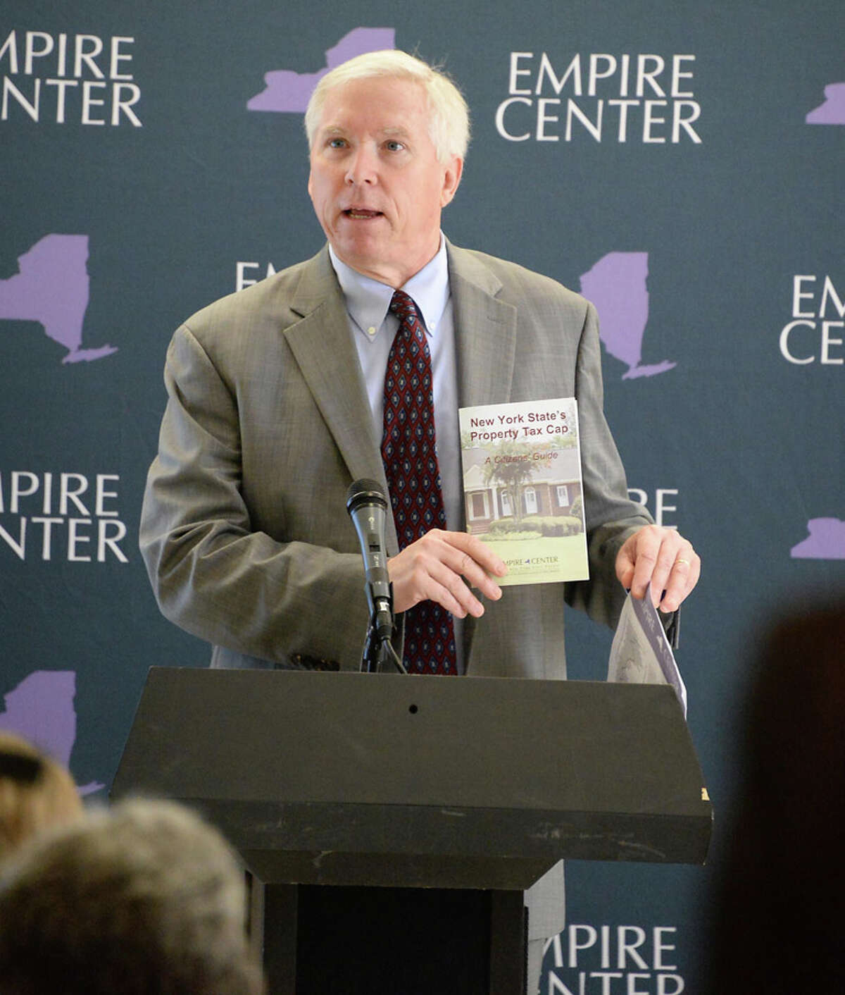 E.J. McMahon of Empire State Center for Public Policy speaks at a press conference calling for a permanent tax cap Tuesday May 19, 2015 in Albany, NY. (John Carl D'Annibale / Times Union)