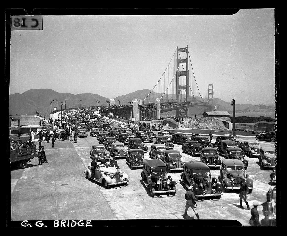 Auto parade on the opening day of the Golden Gate Bridge heading southbound on May 27, 1937. San Francisco Chronicle archive photos of the Golden Gate Bridge construction and opening to the public. The city of San Francisco will celebrate the Golden Gate Bridge's 75th anniversary on Sunday, May 27, 2012.
