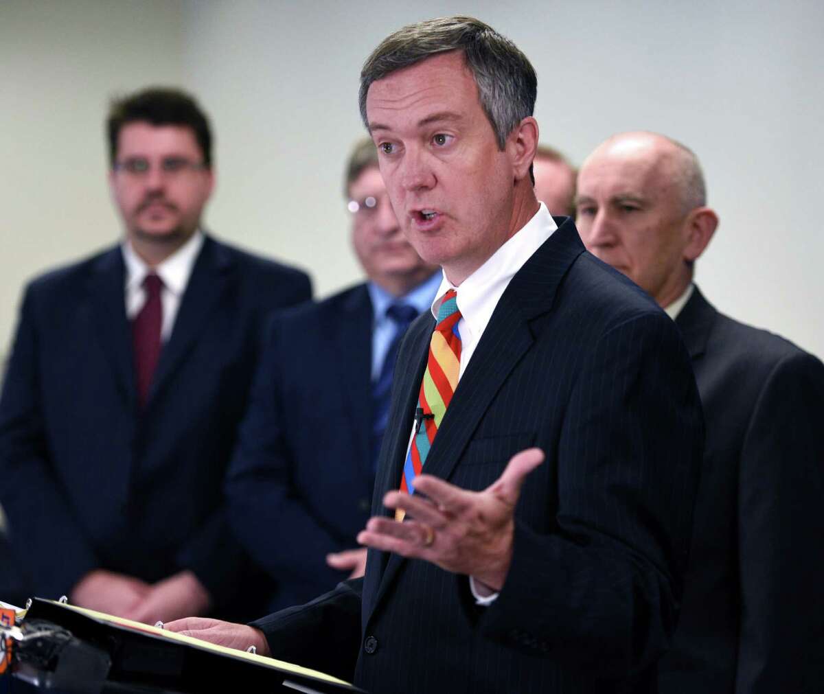 Tennessee Secretary of State Tre Hargett announces a federal lawsuit against several cancer charities Tuesday, May 19, 2015, in Knoxville, Tenn. A Tennessee man and his family used much of the $187 million it collected for cancer patients to buy themselves cars, gym memberships and take luxury cruise vacations, federal officials alleged Tuesday. (Michael Patrick/Knoxville News Sentinel, via AP)