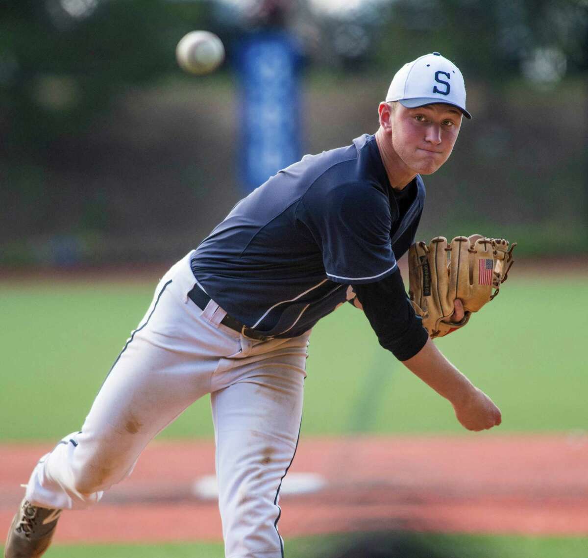 Staples high school pitcher Benjamin Casparius on the mound during a baseball game against Darien high school played at Darien high school, Darien, CT on Friday, May, 15th, 2015.