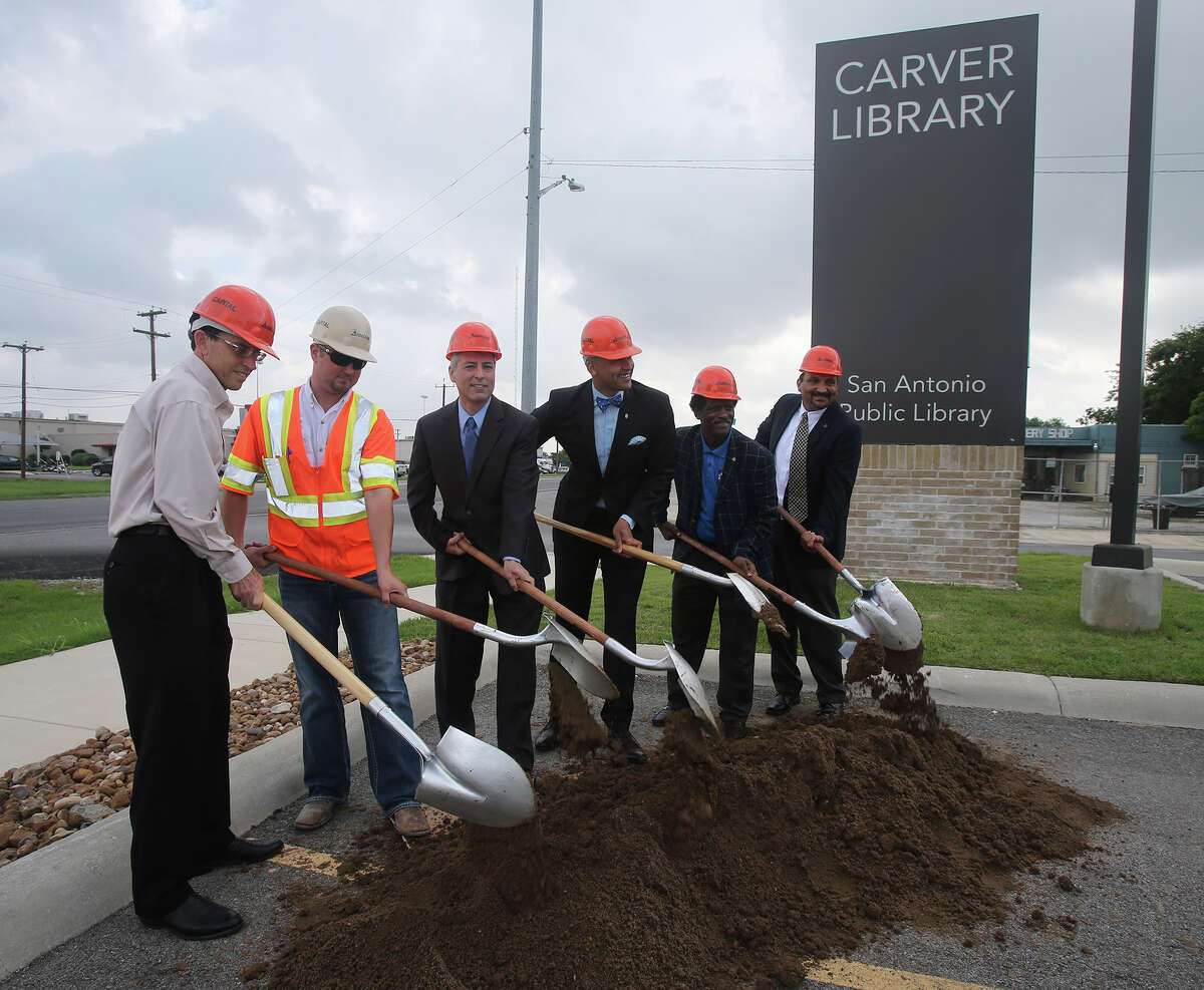 A groundbreaking ceremony was held Wednesday at the Carver Branch Library for the nearby Commerce Street bridge. The structure, in the 3400 block of East Commerce over Salado Creek, will be rebuilt and Commerce Street will be reconstructed from East Houston Street to North Rio Grande Street. The bridge will have four lanes and sidewalks on each side with a connection to the hike-and-bike trail below on the Salado Creek Greenway. The project is funded with more than $11 million from the voter-approved 2012-2017 bond. Taking part in the ceremony are: (left to right) Carl Bain of the design firm Bain Medina Bain, Layne Walker of Capital Excavation, David Covarrubias of Structural Engineering Associates Inc., District 2 Councilman Alan E. Warrick II, community activist Charles English, and Assistant City Engineer Ruben Guerrero.