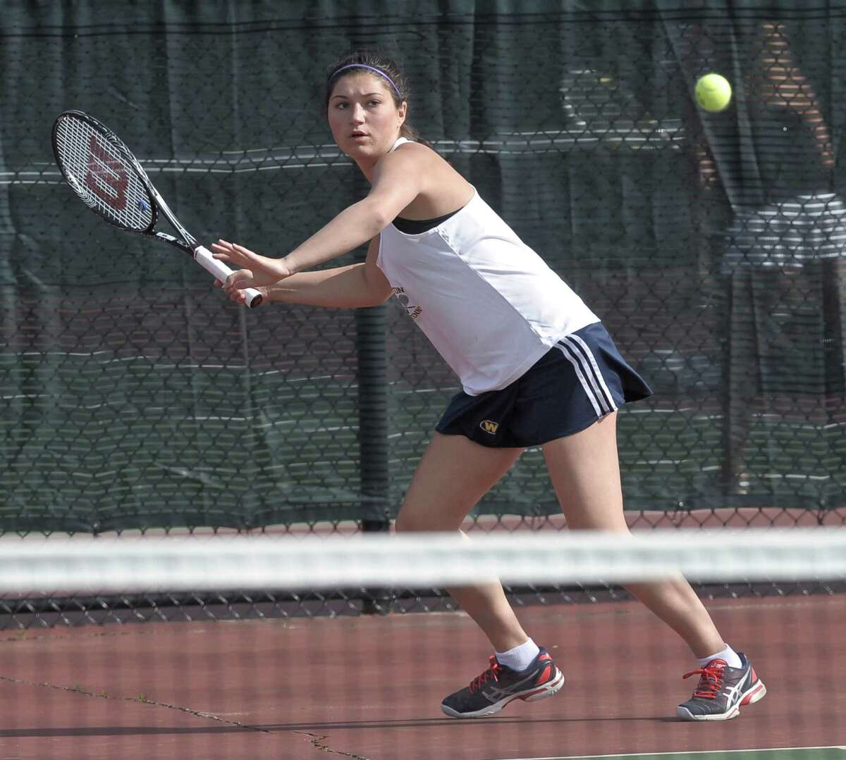 Weston's Cayla Koch competes in the No.1 singles match of the SWC girls tennis championship between Weston and Joel Barlow high schools. Played on Wednesday, May 20, 2015, at Joel Barlow High School, in Redding, Conn.