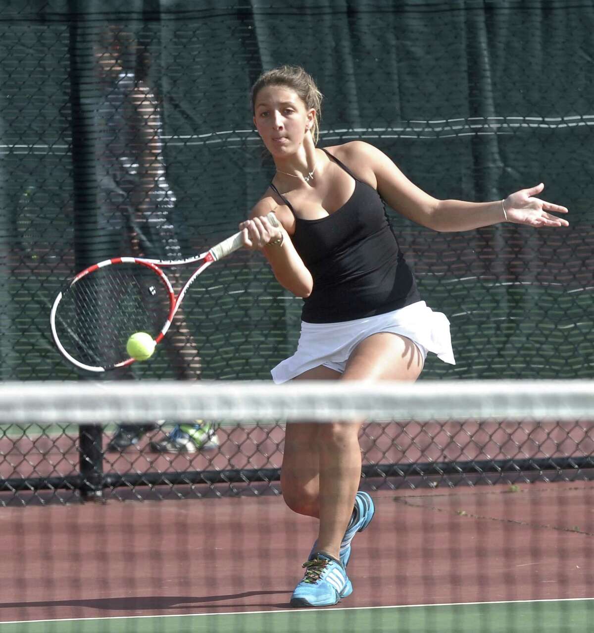 Barlow's Olivia Massey competes in the No. 1 singles match of the SWC girls tennis championship between Weston and Joel Barlow high schools. Played on Wednesday, May 20, 2015, at Joel Barlow High School, in Redding, Conn.
