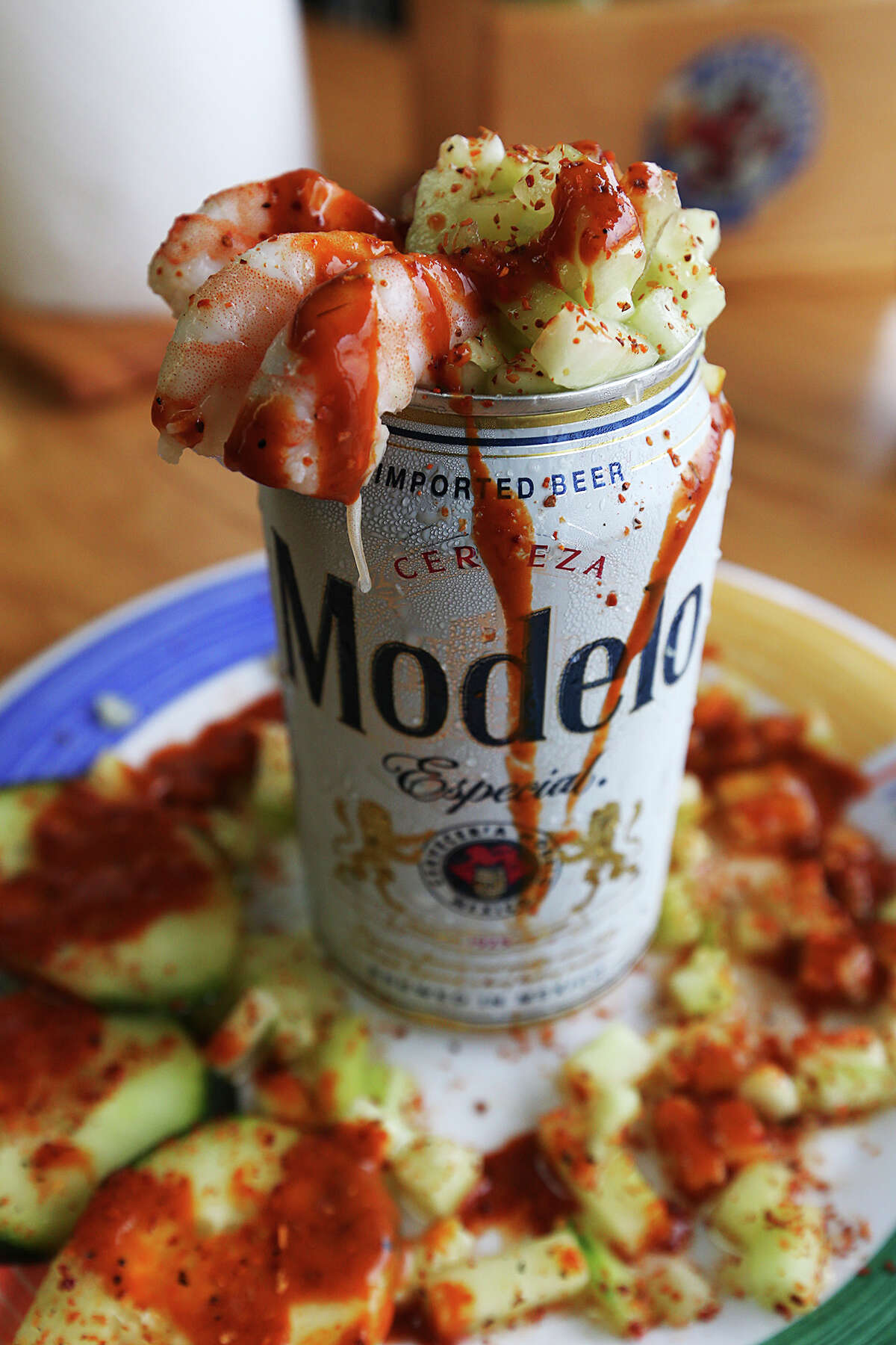 The cerveza preparada comes with shrimp, cucumbers and a hot sauce at Las Islas Marias Mexican seafood restaurant.