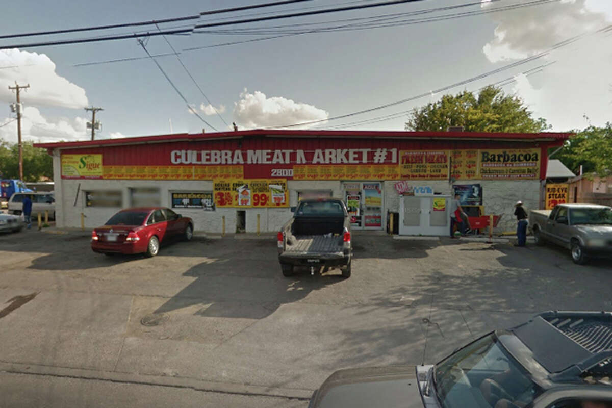 Culebra Meat Market #1: 2800 Culebra Road, San Antonio, TX 78228  Date: 11/28/2017 Score: 59 Highlights: Inspector observed blood, food debris on deli cases, including sliding glass door and door slides; food not held at correct temperature (carnitas); employees seen not washing hands before putting on gloves; poisonous/toxic chemicals seen stored near food area, must be approved for commercial use; repair leaks at handwashing sinks, prep sinks; no Certified Food Manager present at time of inspection; food packaged at establishment must be properly labeled; establishment must remove dead or trapped birds, insects, rodents, other pests; employee food and drinks discovered in various areas; container used to cook barbacoa is rusting; cardboard boxes seen being used as storage for chicarrons; food particles found inside ice machine, as well as unfilled ice bag; tongs used for meats must be cleaned properly