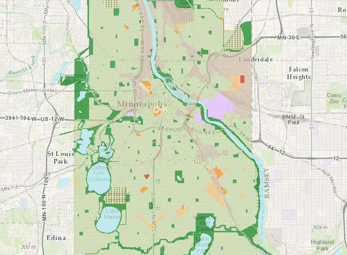 Minneapolis: 1 City area: 33,958 acres Median park size: 6.8 acres Park land as percent of city area: 14.9 percent Spending per resident: $223.94 Basketball Hoops per 10,000: 1.7 Dog Parks per 100,000 Residents: 1.7 Playgrounds per 10,000: 2.8 Recreation / Senior Centers per 10,000 Residents: 2.5 Population density: 11.8 per acre Source: Trust for Public Land