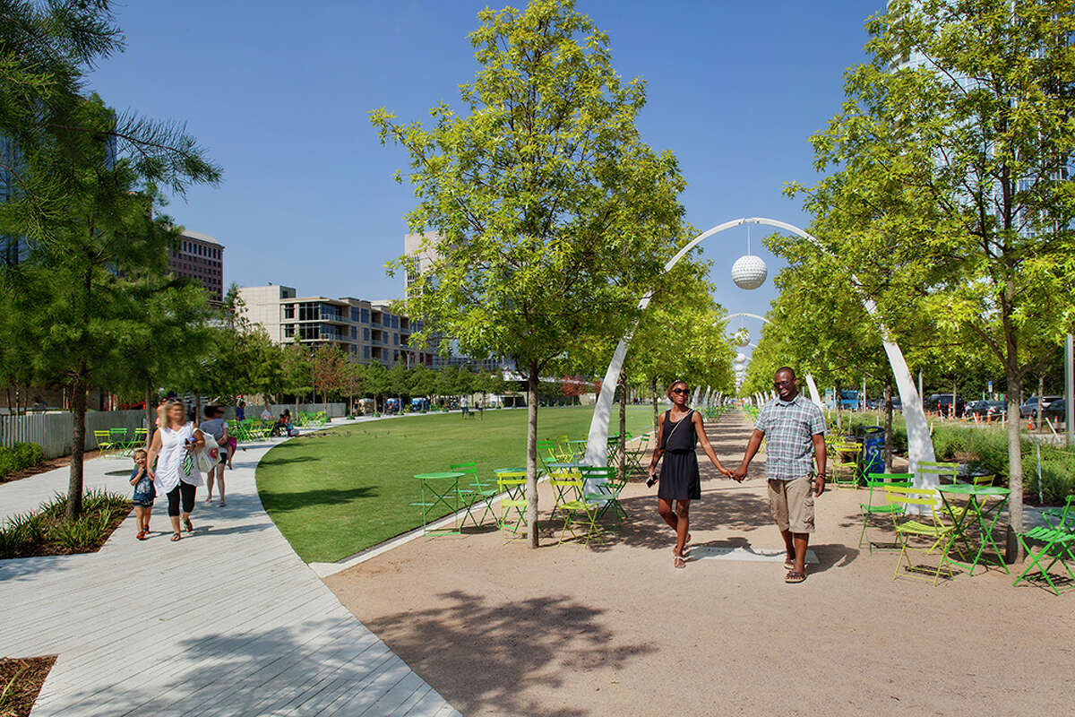 Klyde Warren Park in Dallas offers walking trails and green space in the heart of the city.