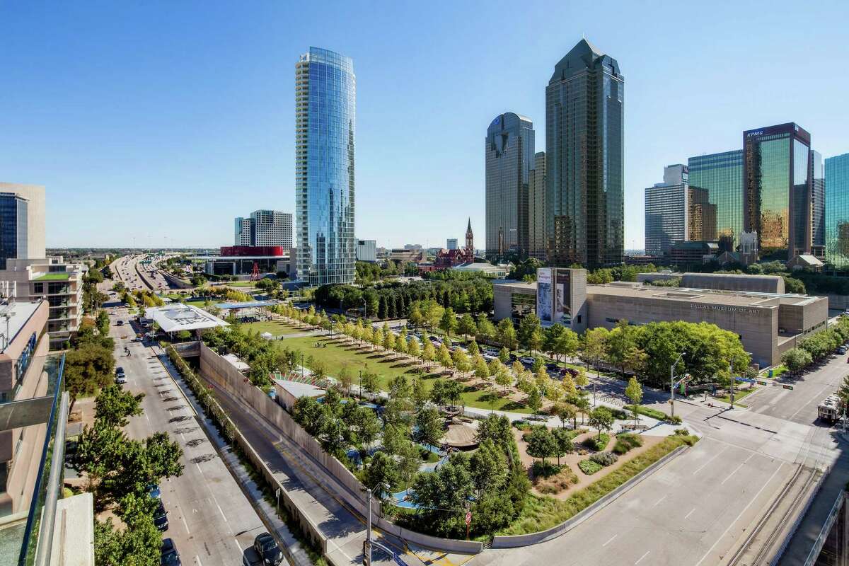 Klyde Warren Park stretches over the recessed Woodall Rodgers freeway just north of downtown Dallas.